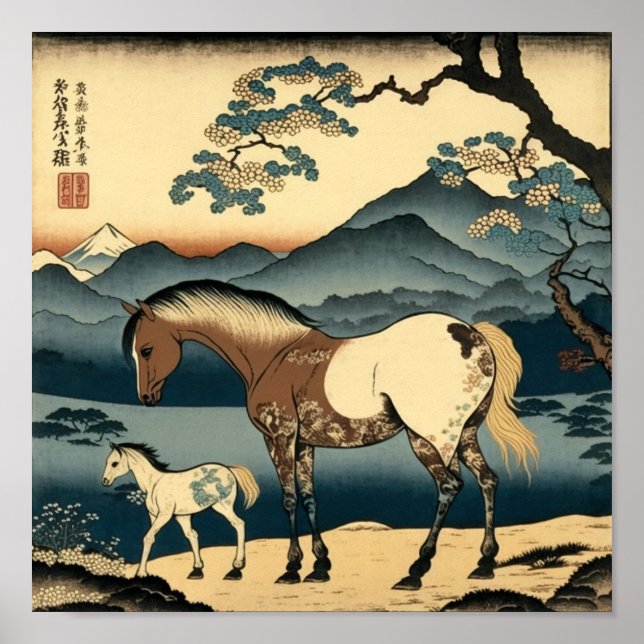 Horse and Foal: A Warm Image in Japanese Woodblock Poster (Front)