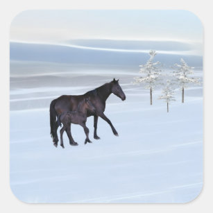Horse and foal in snow square sticker