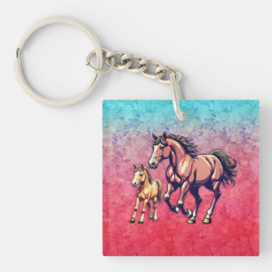 Horse and Foal on Textured Background Key Ring