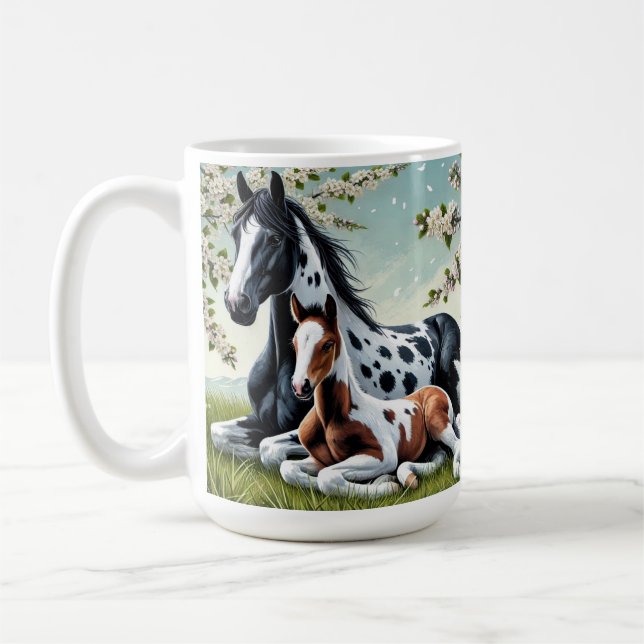Horse and Foal Resting Amid Blossoming Trees Coffee Mug (Left)
