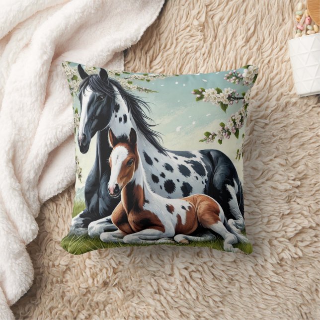 Horse and Foal Resting Amid Blossoming Trees Cushion (Blanket)