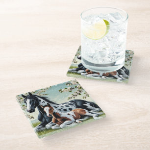 Horse and Foal Resting Amid Blossoming Trees Glass Coaster