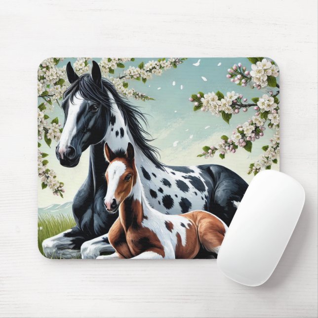 Horse and Foal Resting Amid Blossoming Trees Mouse Mat (With Mouse)
