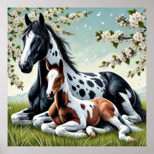 Horse and Foal Resting Amid Blossoming Trees Poster