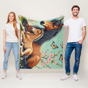 Horse and Foal Resting in a Spring Setting Fleece Blanket