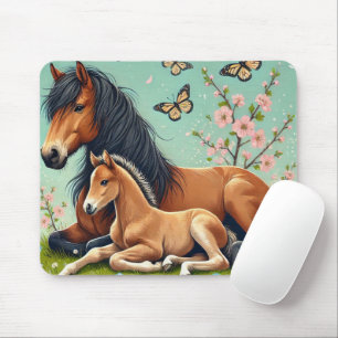 Horse and Foal Resting in a Spring Setting  Mouse Mat