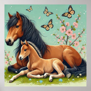 Horse and Foal Resting in a Spring Setting  Poster