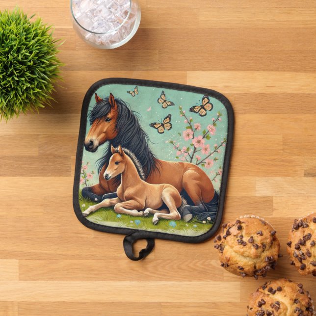 Horse and Foal Resting in a Spring Setting  Pot Holder (Top Down)