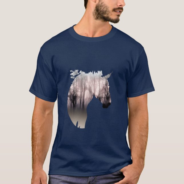 Horse and Forest Double Eposure Equestrian Horse f T-Shirt (Front)