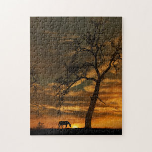 Horse and Giant Oak Tree in Sunset With Clouds Jigsaw Puzzle
