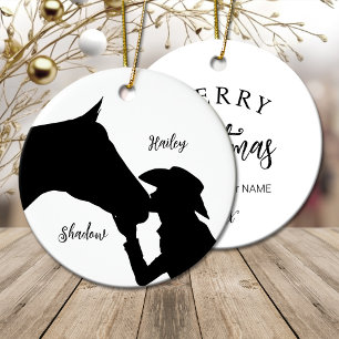 Horse and girl kiss Cowgirl western Christmas Ceramic Tree Decoration