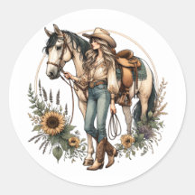 Horse and Girl Sticker with Sunflowers