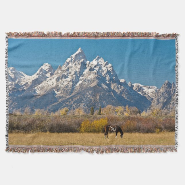 Horse and Grand Tetons, Moose Head Ranch Throw Blanket (Front)