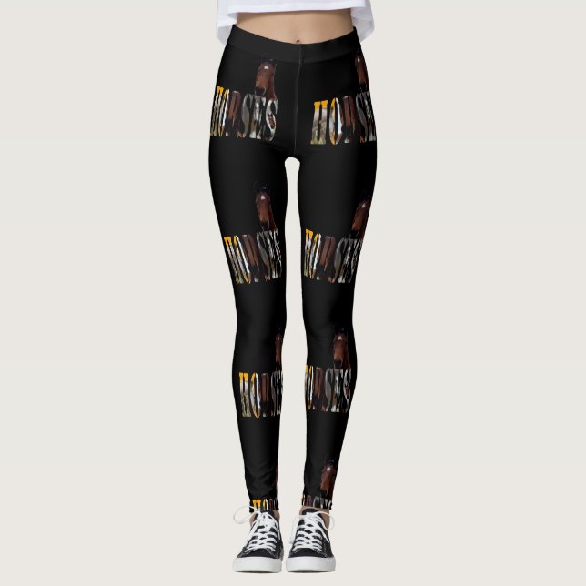 Horse And Horses Picture Logo, Black Leggings (Front)
