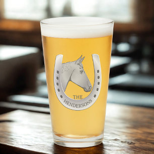 Horse and Horseshoe Silvery Emblem Personalised Glass