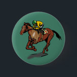 Horse and Jockey 6 Cm Round Badge<br><div class="desc">Sporty gifts and accessories for Horse Racing fans. Horse and jockey racing in yellow jersey and green cap riding horse number 7. Green background.</div>