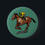 Horse and Jockey 6 Cm Round Badge<br><div class="desc">Sporty gifts and accessories for Horse Racing fans. Horse and jockey racing in yellow jersey and green cap riding horse number 7. Green background.</div>