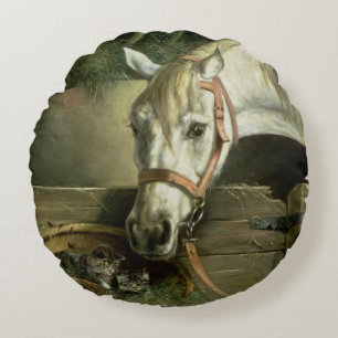 Horse and kittens, 1890 round cushion