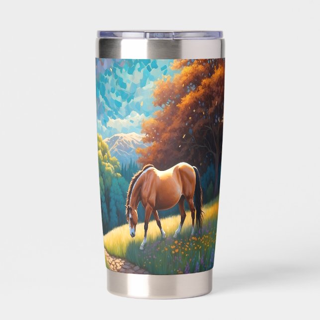 Horse and Meadow Wildflowers Colorful Art Insulated Tumbler (Back)