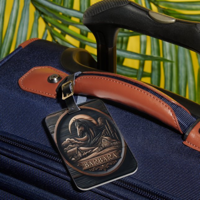 Horse and Moon Carved Sign Luggage Tag (Front Insitu 1)
