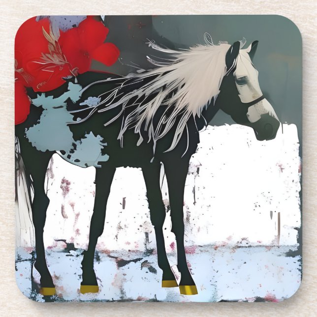 Horse and Red Flowers Beverage Coaster (Front)