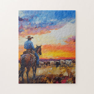 Horse and Rider Checking the Herd at Sunset Jigsaw Puzzle