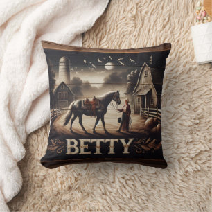 Horse and Rider Near Barn at Dusk Cushion