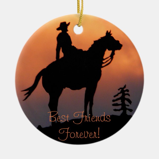 Horse and Rider Sunset Silhouette Ceramic Tree Decoration (Front)