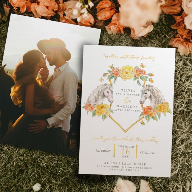 Horse and roses watercolor art wedding photo invitation (Creator Uploaded)