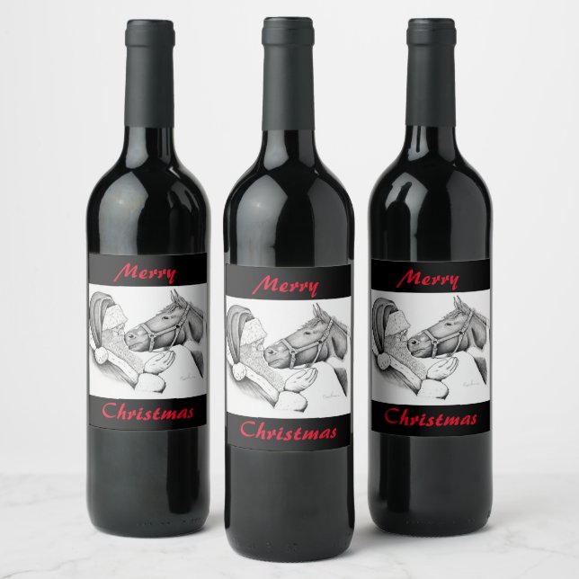 Horse and Santa Claus for Christmas Wine Label (Bottles)