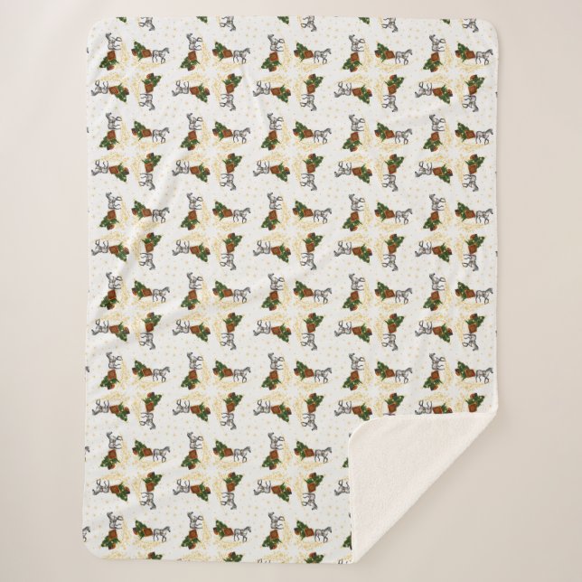 Horse and sleigh with gold stars and circles sherpa blanket (Front)