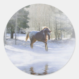 Horse and Snow Beautiful Holiday Classic Round Sticker