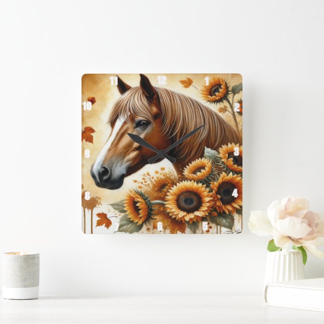 Horse and Sunflower Autumn Leaves Square Wall Clock (Home)
