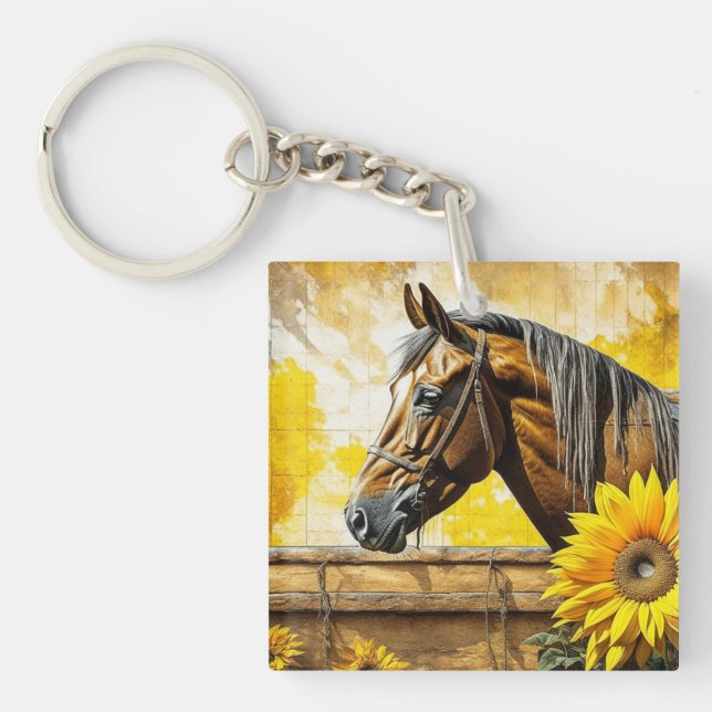 Horse and Sunflower Beautiful AI Art Personalised Key Ring (Front)