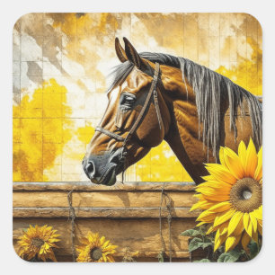Horse and Sunflower Beautiful AI Art Square Sticker