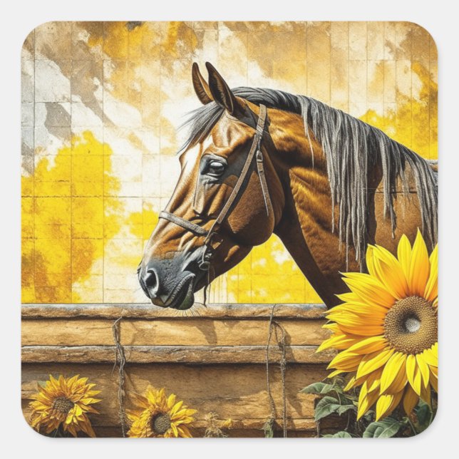 Horse and Sunflower Beautiful AI Art Square Sticker (Front)