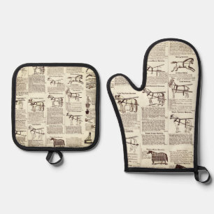 Horse Antique Advertising Newspaper Art Oven Mitt & Pot Holder Set