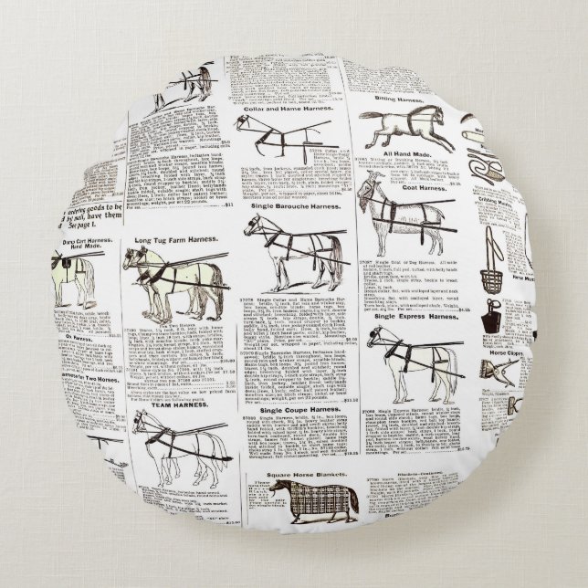 Horse Antique Advertising Newspaper Art Round Cushion (Front)