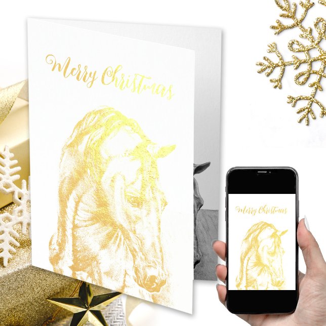 Horse art drawing real foil Merry Christmas Card (Real gold foil horse art Christmas card, gold Merry Christmas, gold horse, horse lover, equestrian)