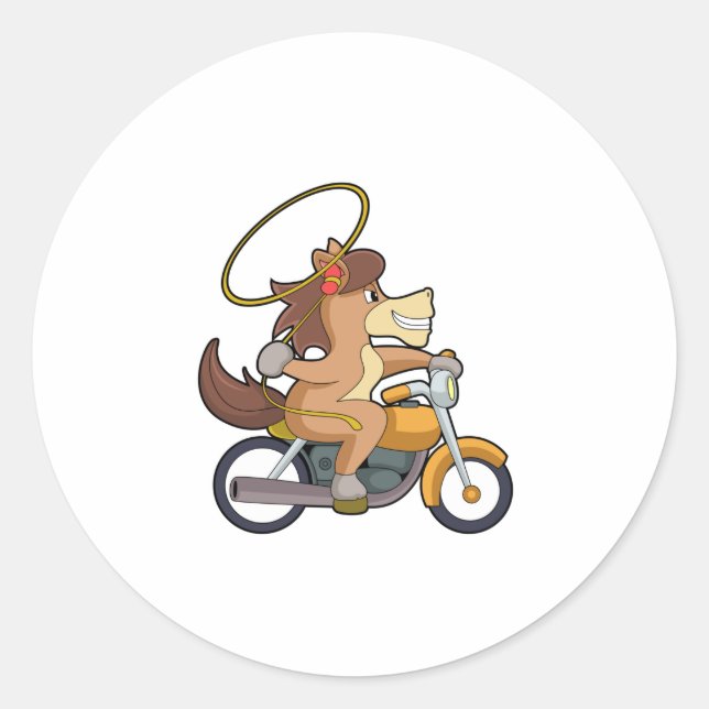 Horse as Cowboy with Lasso & Motorcycle Classic Round Sticker (Front)