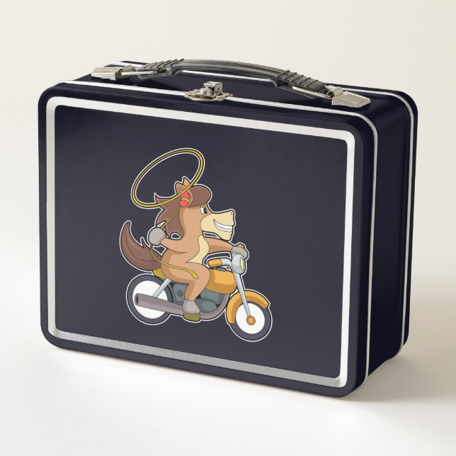 Horse as Cowboy with Lasso & Motorcycle Metal Lunch Box (Front)