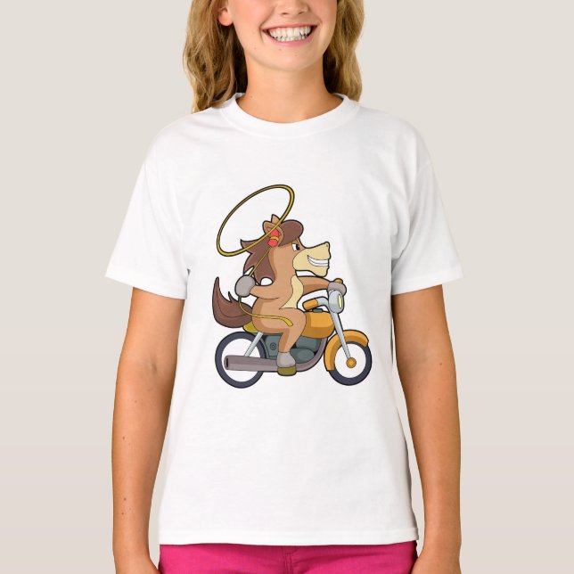 Horse as Cowboy with Lasso & Motorcycle T-Shirt (Front)
