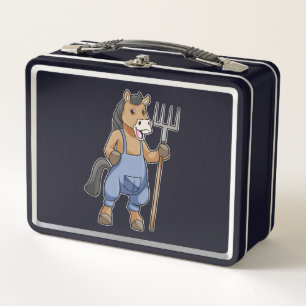 Horse as Farmer with Rake Metal Lunch Box