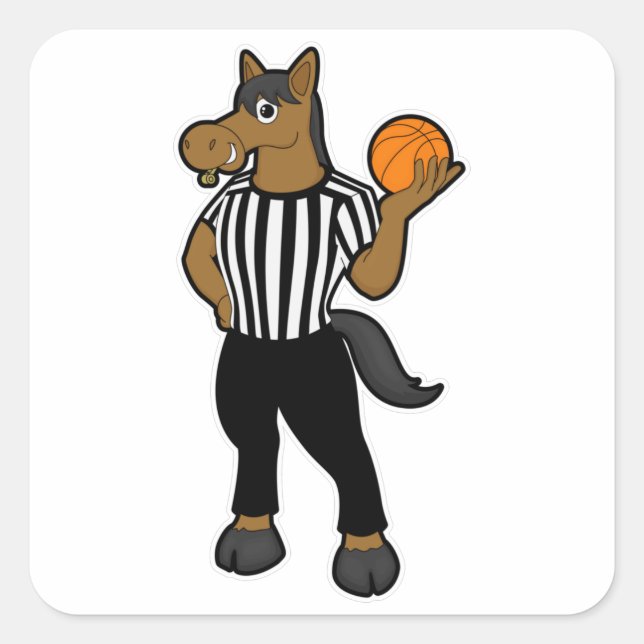 Horse as Referee with Basketball & Whistle Square Sticker (Front)