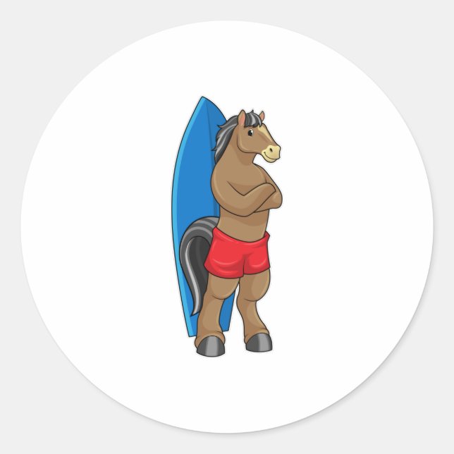 Horse as Surfer with Surfboard Classic Round Sticker (Front)