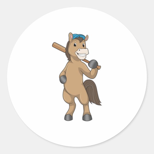 Horse at Baseball with Baseball bat Classic Round Sticker (Front)