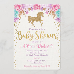 Horse baby shower invitation pink and gold