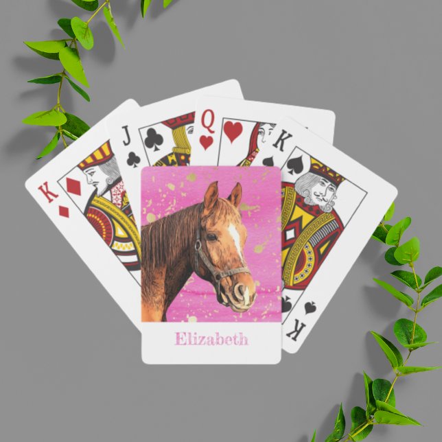 Horse Back Riding Animal Name Pink Gold Equestrian Playing Cards (horse back riding pink watercolor personalized playing cards.)