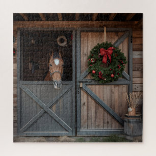 Horse Barn Christmas Wood Art Jigsaw Puzzle