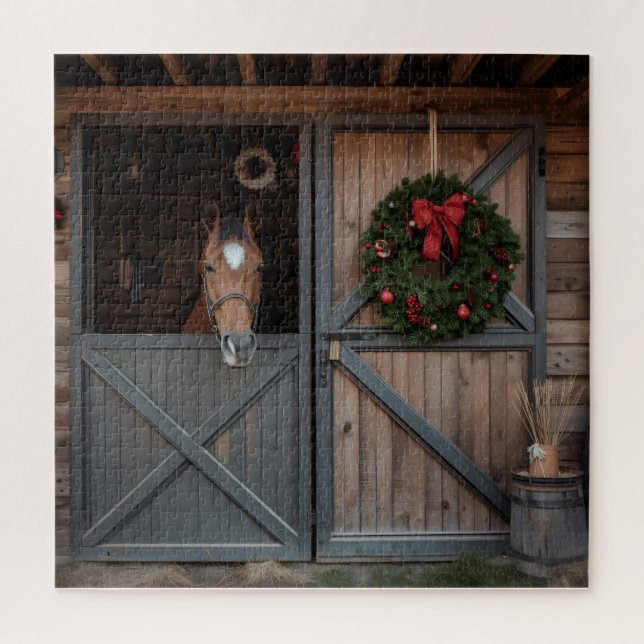 Horse Barn Christmas Wood Art Jigsaw Puzzle (Vertical)